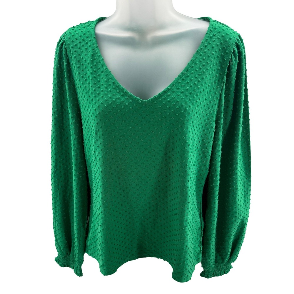 J.Crew Green Dot V-Neck Lined Blouse Smocked Cuff Womens Size Medium NEW